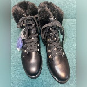 NEW Isaac Mizrahi Live! Jesse Faux Fur Trim Black Combat Boots Women's Size 10